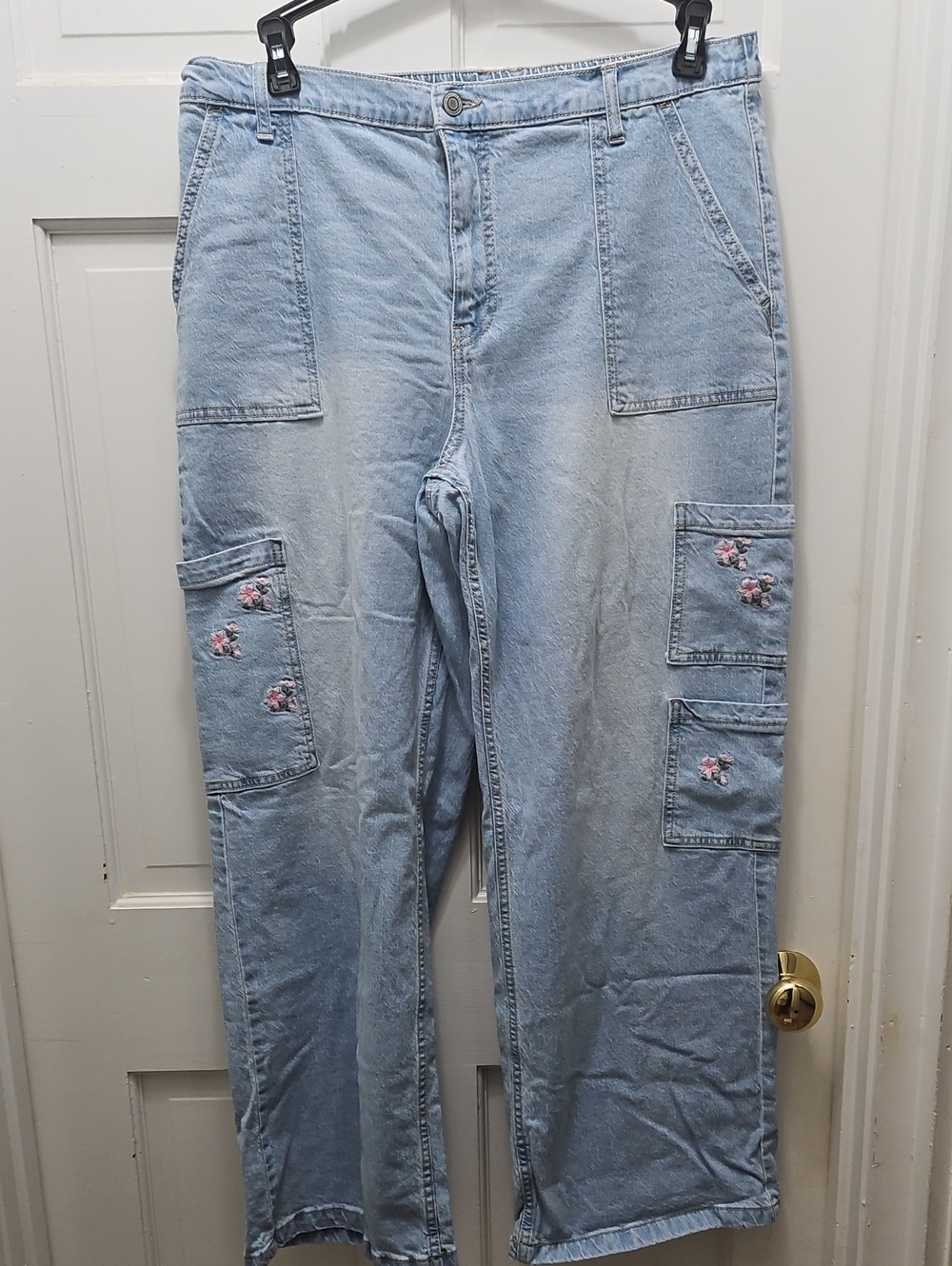 No Boundaries Light Blue Embroidered Cargo Wide Leg Jeans